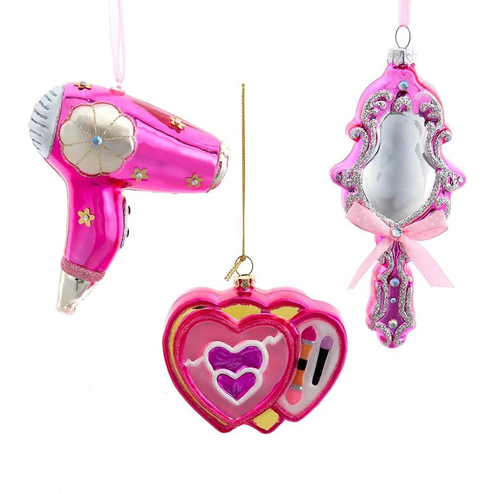 4.75" Pink Doll Hairdryer Makeup Mirror Glass Christmas Ornament Set of 3