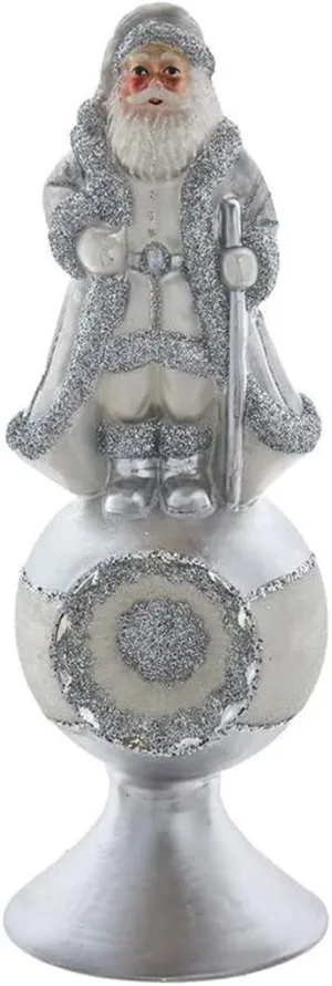 8.75" Noble Gems Silver White Santa on Bauble Glass Tree Topper