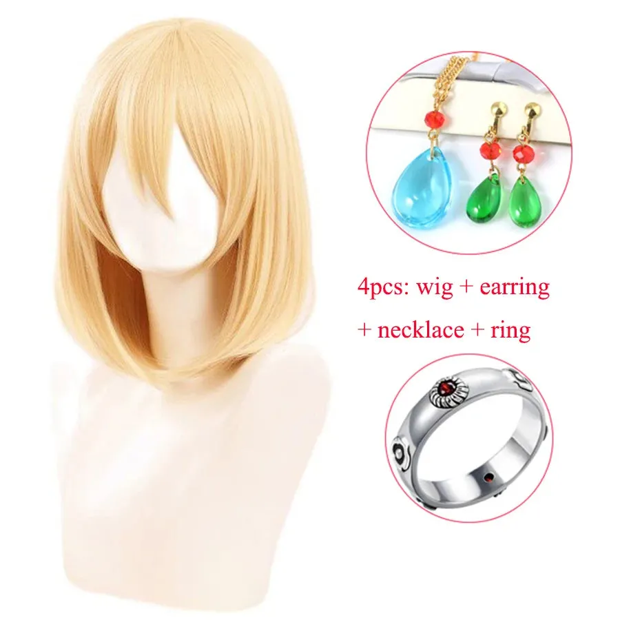 Anime Howl's Moving Castle Wizard Howl  Cosplay Short Blonde Yellow Hair Wig Cosplay Ring Earring Wig Necklace   a wig cap