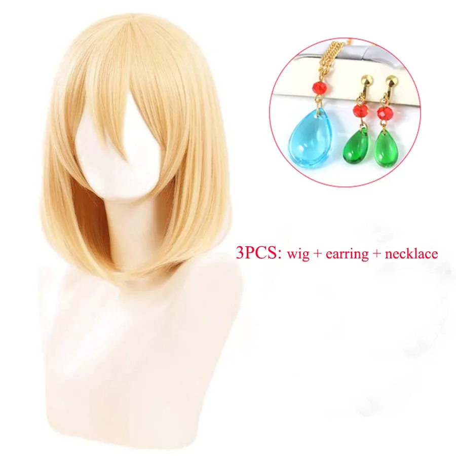 Anime Howl's Moving Castle Wizard Howl  Cosplay Short Blonde Yellow Hair Wig Cosplay Ring Earring Wig Necklace   a wig cap