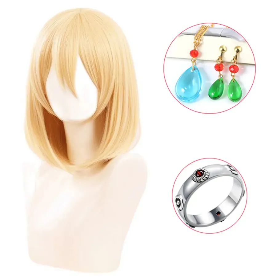 Anime Howl's Moving Castle Wizard Howl  Cosplay Short Blonde Yellow Hair Wig Cosplay Ring Earring Wig Necklace   a wig cap