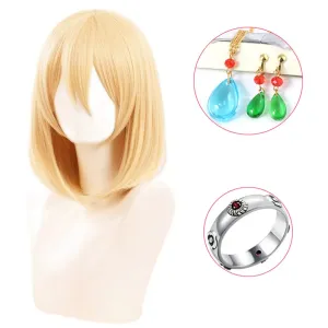 Anime Howl's Moving Castle Wizard Howl  Cosplay Short Blonde Yellow Hair Wig Cosplay Ring Earring Wig Necklace   a wig cap