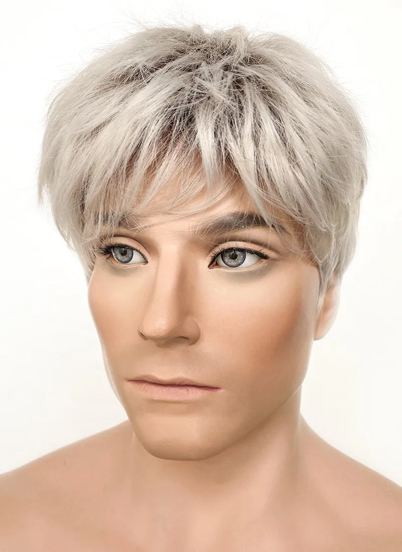 Ash Blonde With Dark Roots Straight Pixie Synthetic Hair Men's Wig NS424