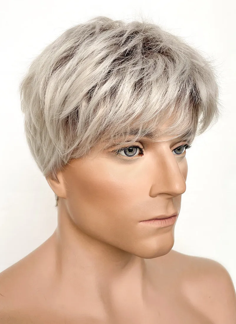 Ash Blonde With Dark Roots Straight Pixie Synthetic Hair Men's Wig NS424