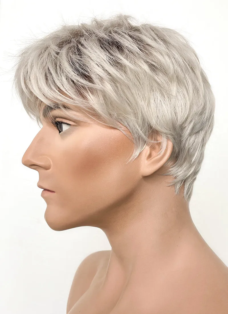 Ash Blonde With Dark Roots Straight Pixie Synthetic Hair Men's Wig NS424