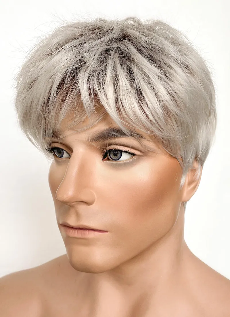 Ash Blonde With Dark Roots Straight Pixie Synthetic Hair Men's Wig NS424