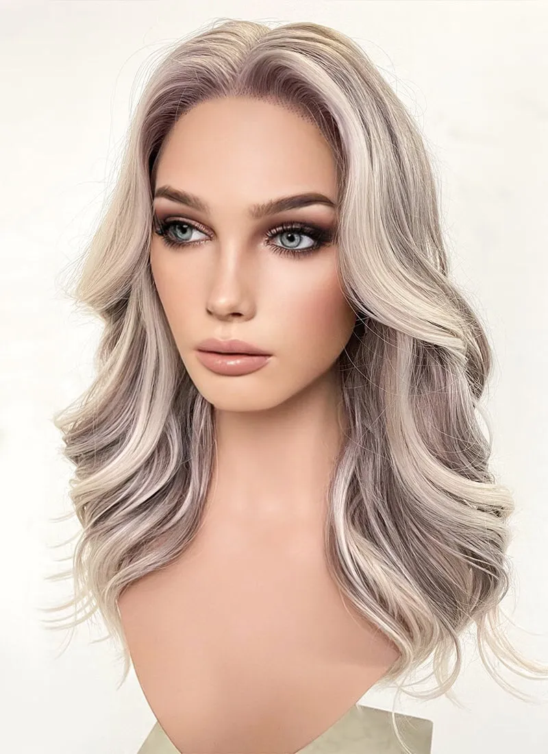 Ash Purple with Blonde Highlights Money Piece Wavy Lace Front Synthetic Wig LF3283