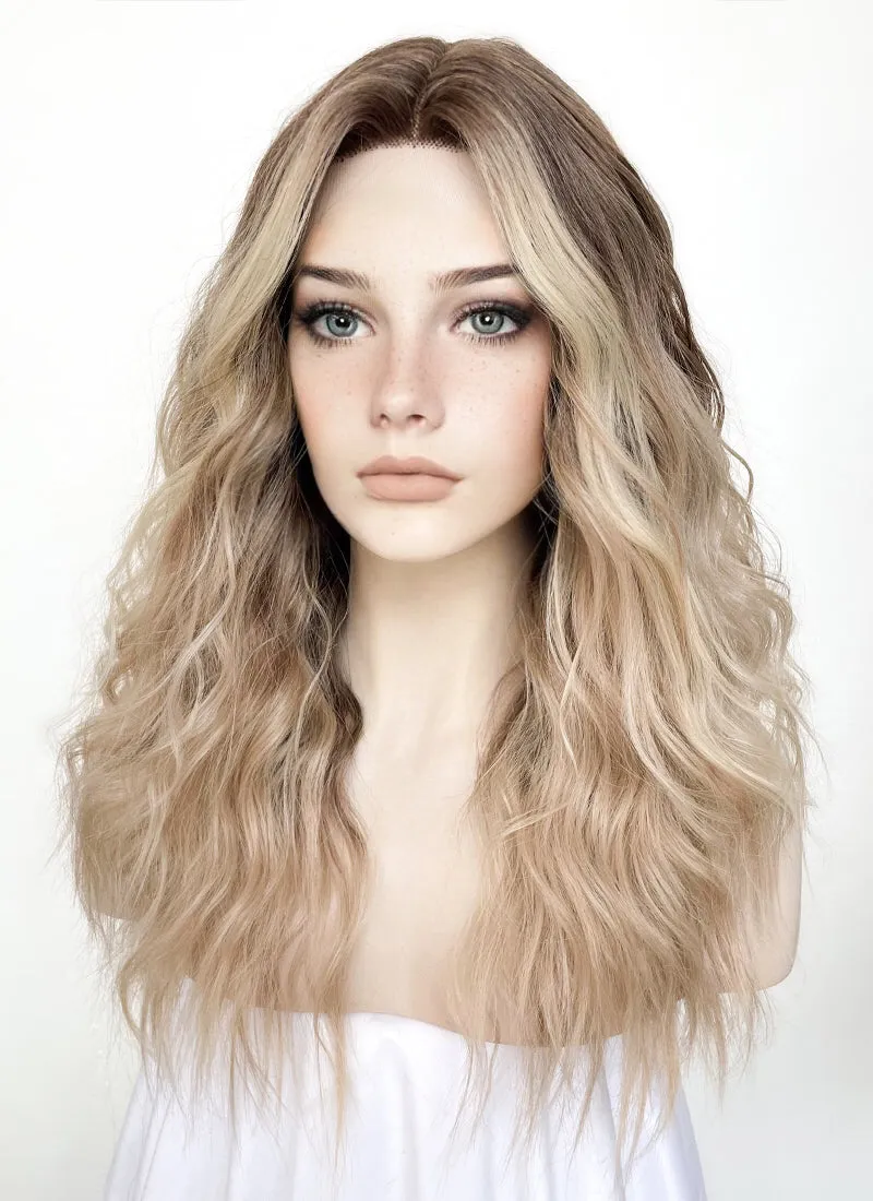 Balayage Blonde Highlights Money Piece Wavy Lace Front Synthetic Wig LF3233