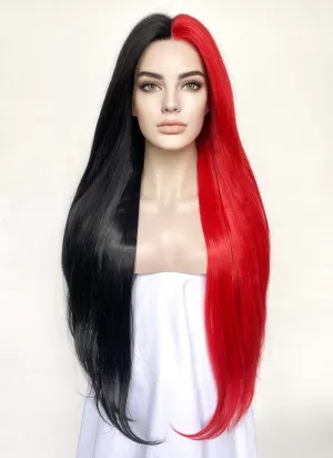 Black Red Split Color Straight Lace Front Synthetic Hair Wig LF1316