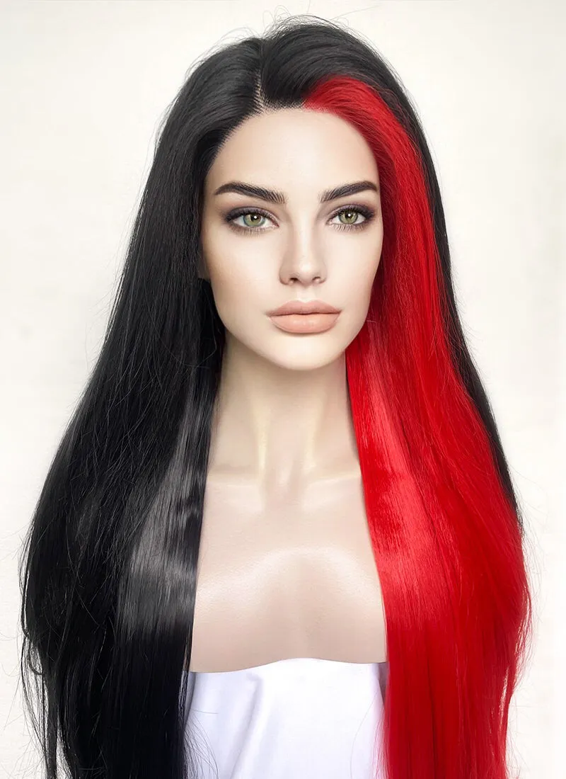 Black Red Split Color Straight Lace Front Synthetic Hair Wig LF1316