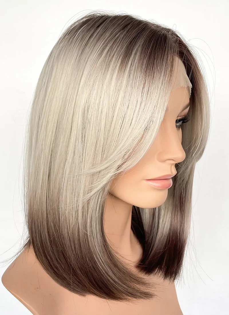 Blonde Brown Ombre Curtain Bangs Straight Lace Front Synthetic Hair Wig LF3319