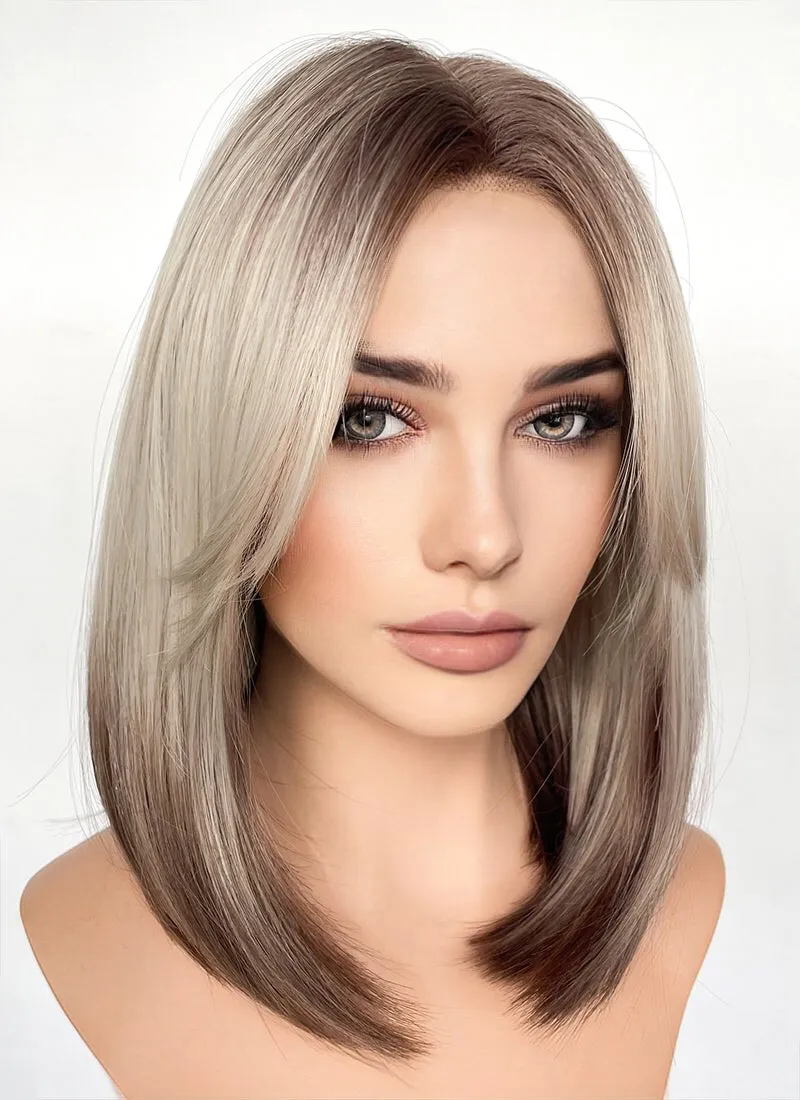 Blonde Brown Ombre Curtain Bangs Straight Lace Front Synthetic Hair Wig LF3319