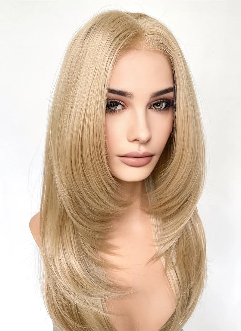 Blonde Curtain Bangs Straight Layered Hush Cut Lace Front Synthetic Hair Wig LF3332