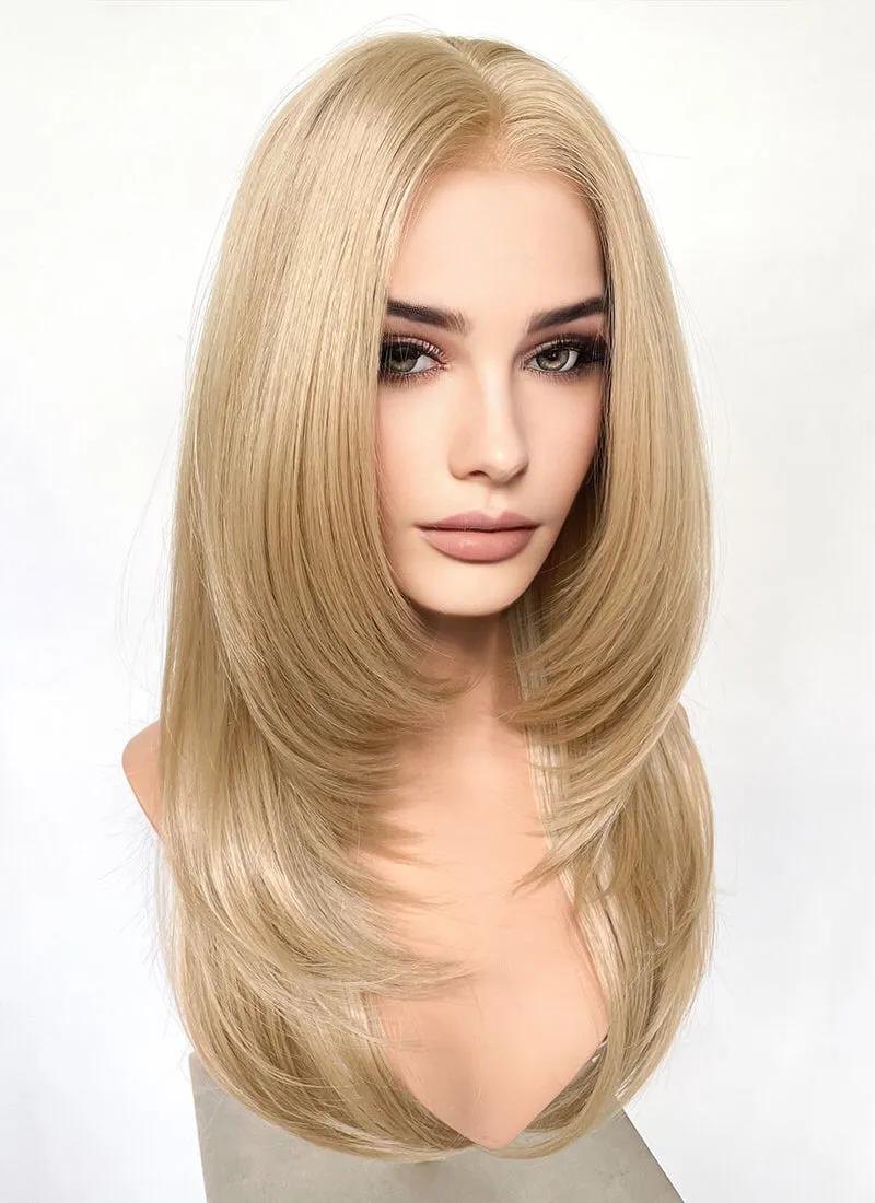 Blonde Curtain Bangs Straight Layered Hush Cut Lace Front Synthetic Hair Wig LF3332