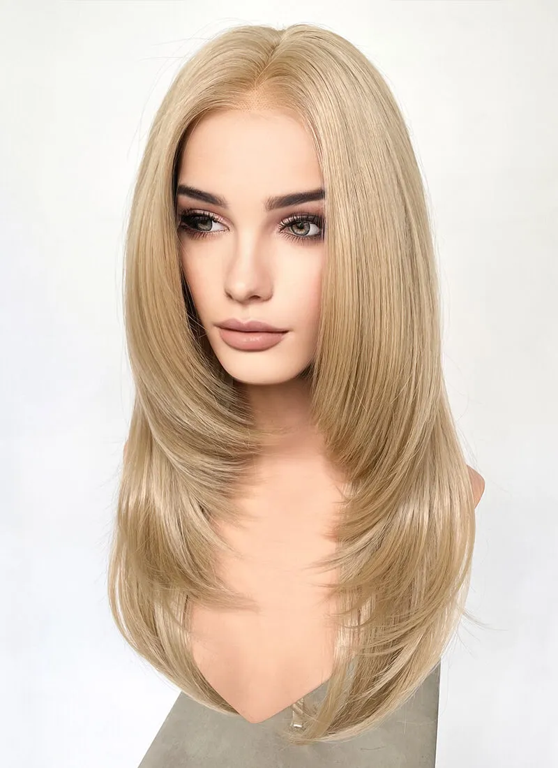 Blonde Curtain Bangs Straight Layered Hush Cut Lace Front Synthetic Hair Wig LF3332