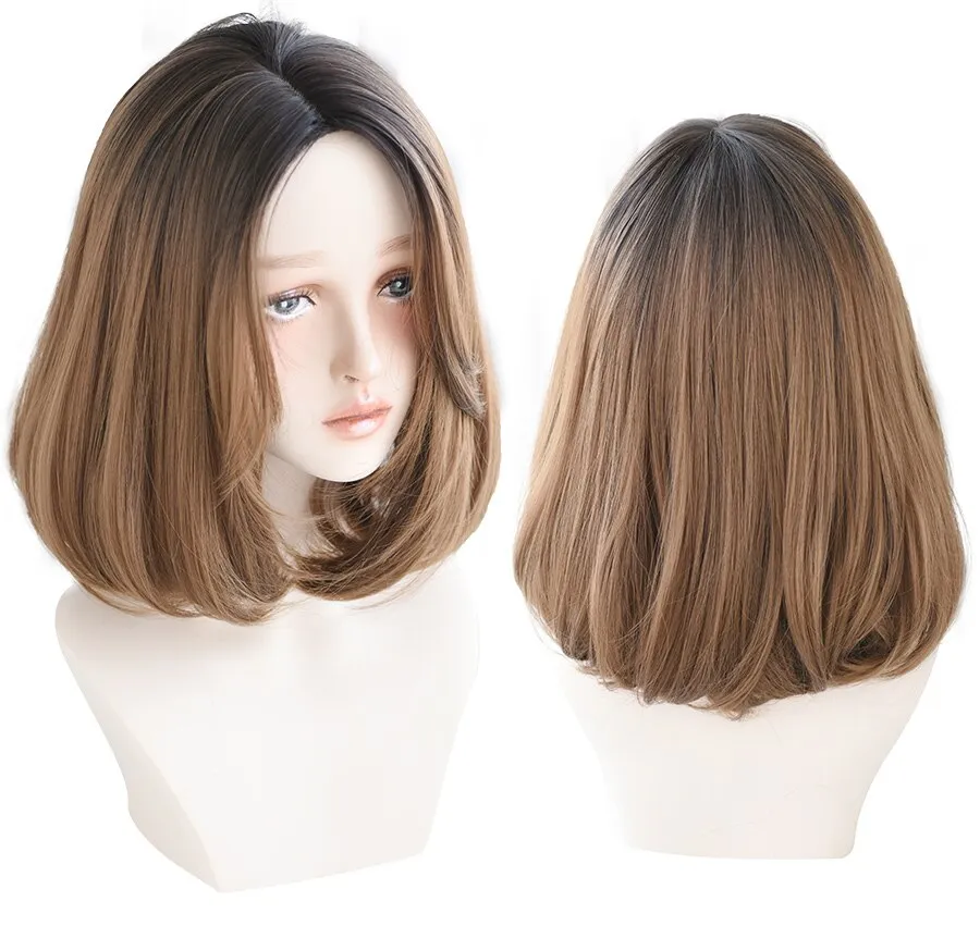 Blonde Middle Part Synthetic Lolita Wig For Women 2 Tone Ombre Black Brown Wigs Heat Resistant Short Straight Bob Wig