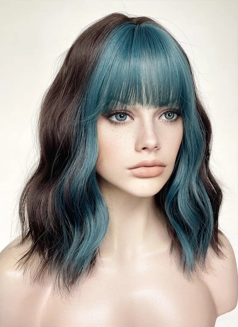 Blue Mixed Brunette Wavy Synthetic Hair Wig NS491