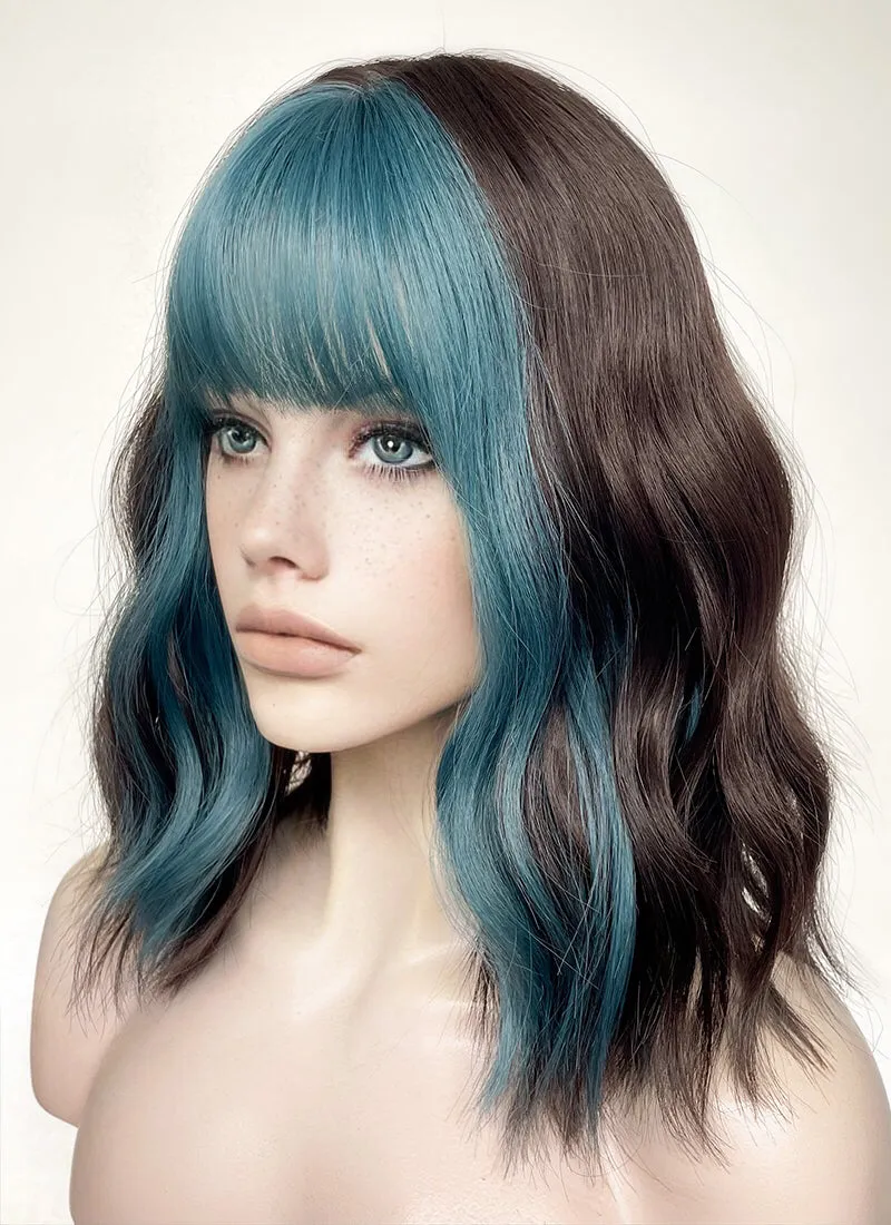 Blue Mixed Brunette Wavy Synthetic Hair Wig NS491