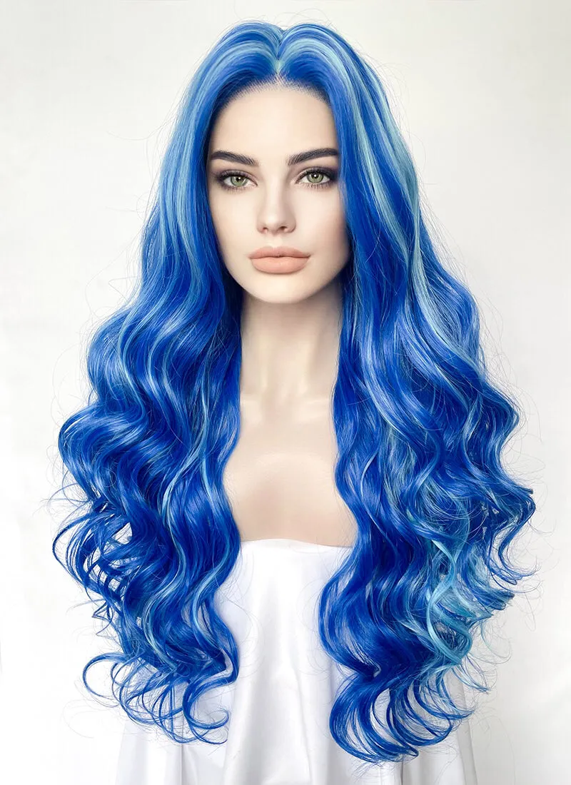 Blue With Green Highlights Wavy Lace Front Synthetic Hair Wig LW4038