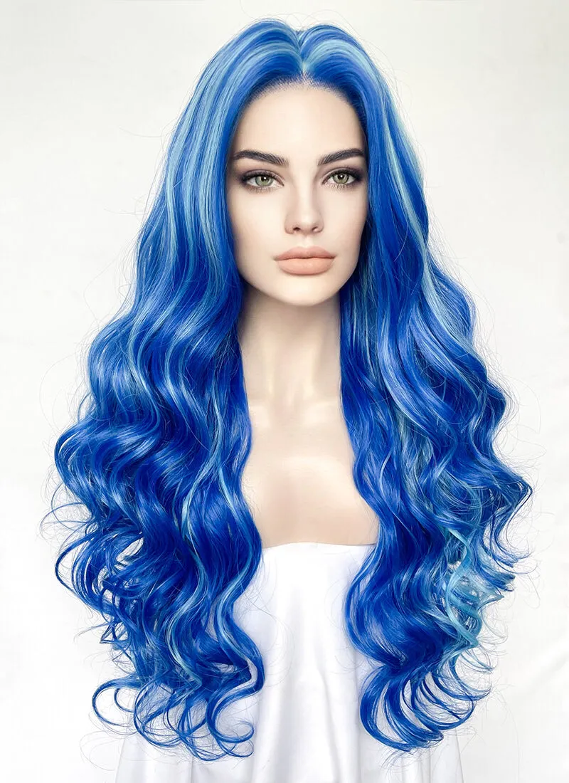 Blue With Green Highlights Wavy Lace Front Synthetic Hair Wig LW4038