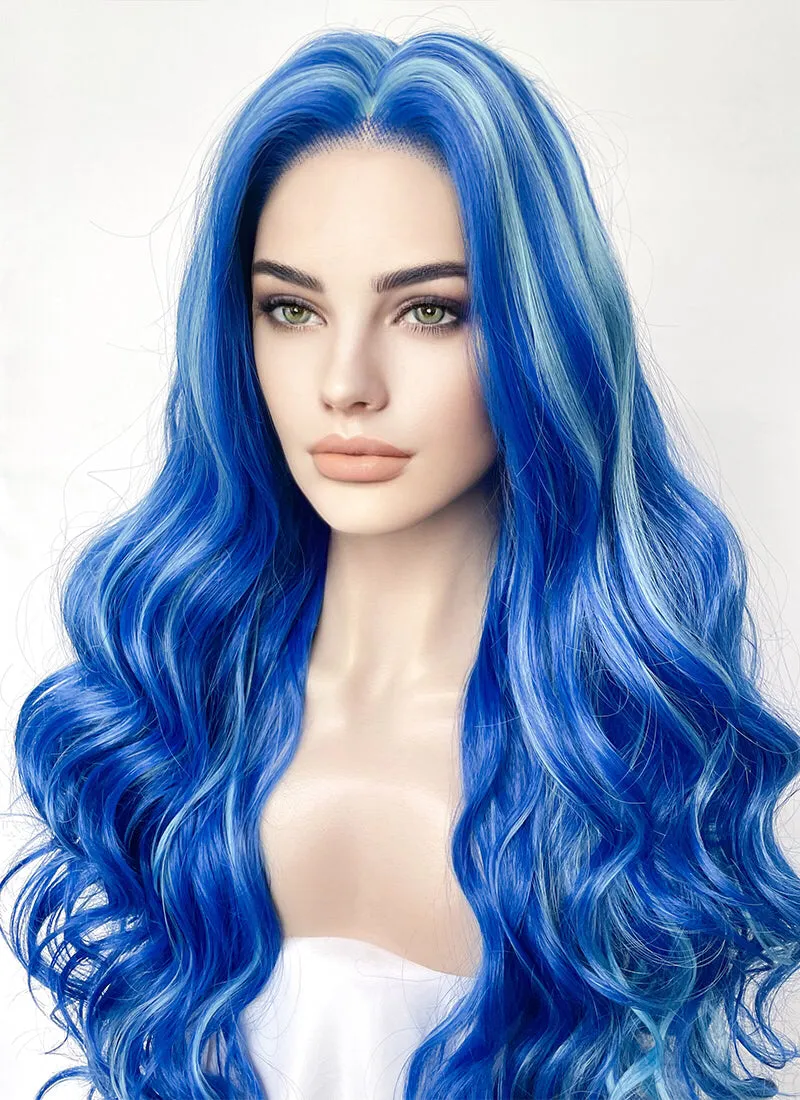 Blue With Green Highlights Wavy Lace Front Synthetic Hair Wig LW4038