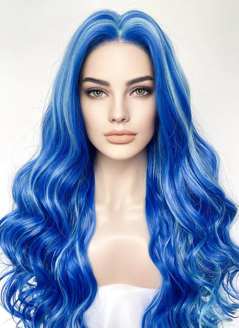 Blue With Green Highlights Wavy Lace Front Synthetic Hair Wig LW4038