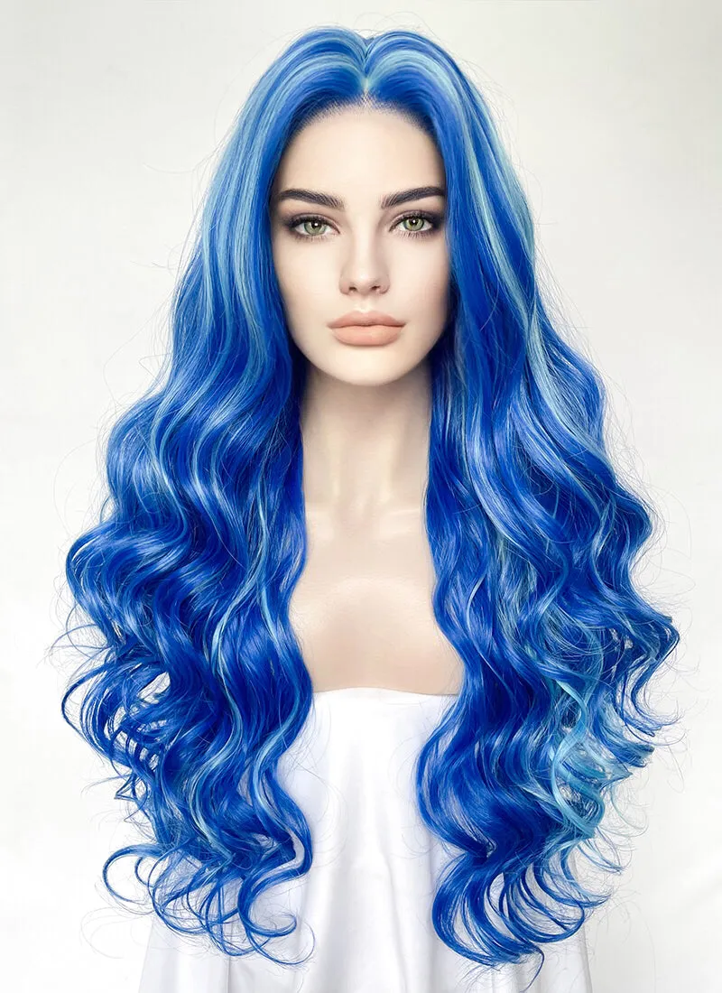 Blue With Green Highlights Wavy Lace Front Synthetic Hair Wig LW4038