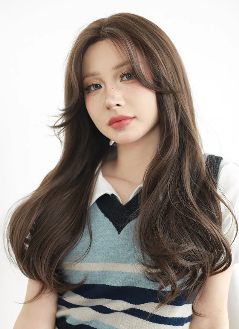 Brown Curtain Bangs Wavy Lace Front Synthetic Wig LF3290