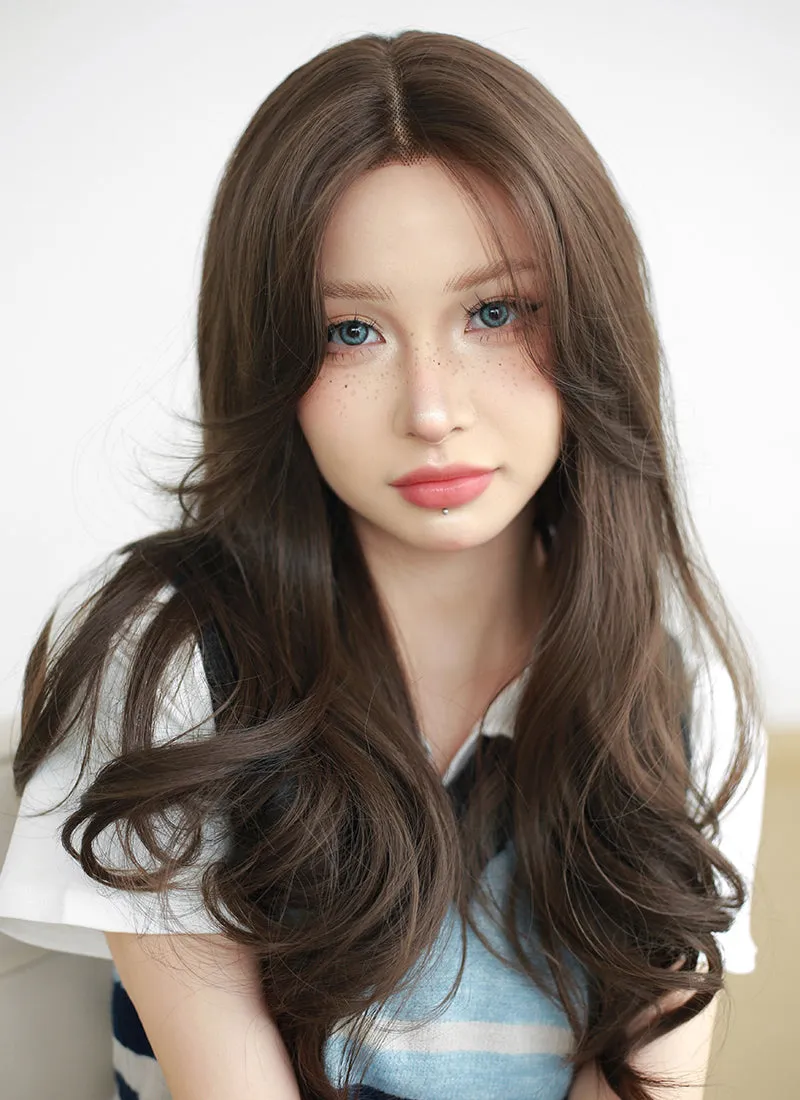 Brown Curtain Bangs Wavy Lace Front Synthetic Wig LF3290