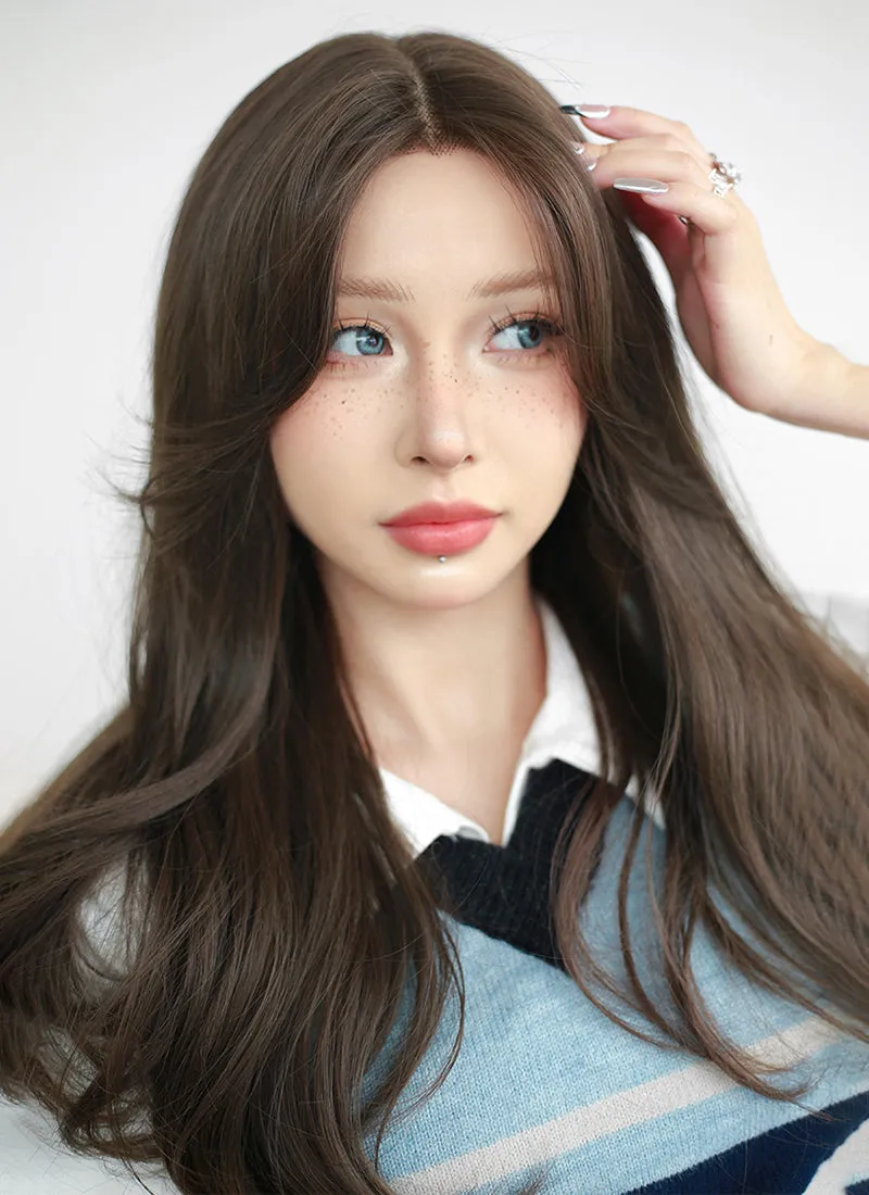 Brown Curtain Bangs Wavy Lace Front Synthetic Wig LF3290