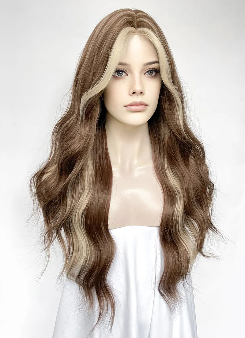 Brown With Blonde Highlight Money Piece Wavy Synthetic Hair Wig NL091