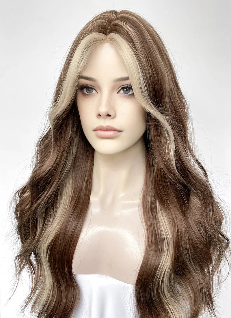 Brown With Blonde Highlight Money Piece Wavy Synthetic Hair Wig NL091