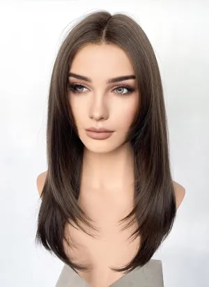 Brunette Curtain Bangs Straight Layered Hush Cut Lace Front Synthetic Hair Wig LF3324