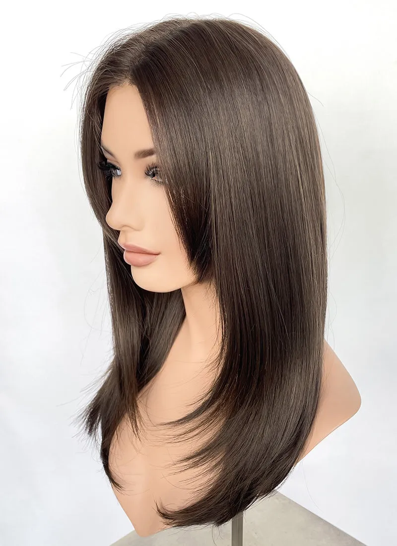 Brunette Curtain Bangs Straight Layered Hush Cut Lace Front Synthetic Hair Wig LF3324