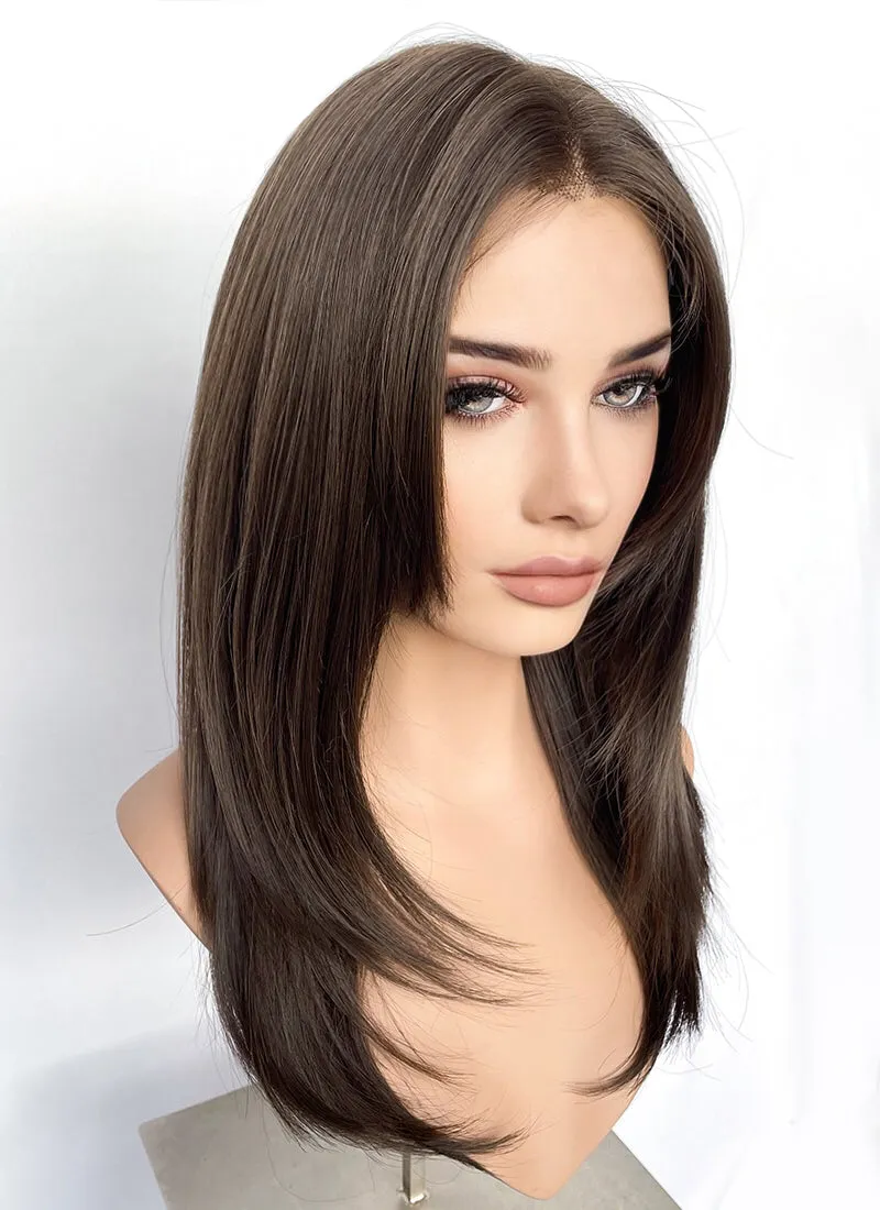 Brunette Curtain Bangs Straight Layered Hush Cut Lace Front Synthetic Hair Wig LF3324