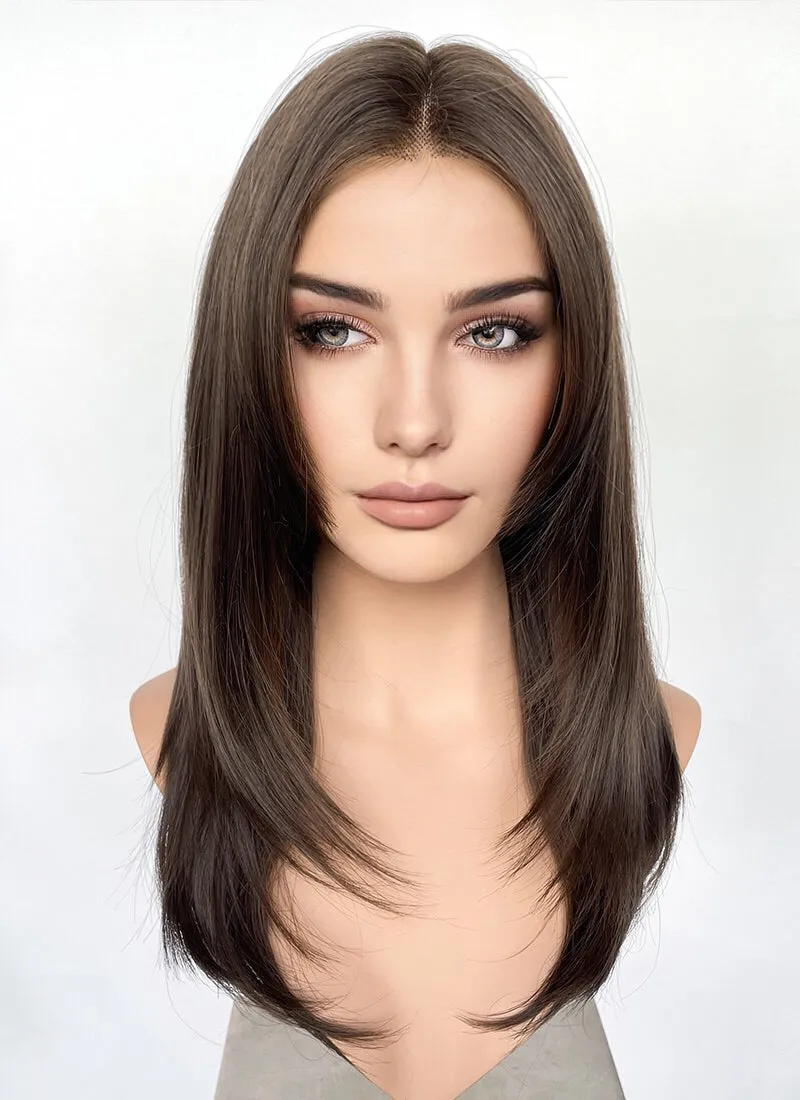 Brunette Curtain Bangs Straight Layered Hush Cut Lace Front Synthetic Hair Wig LF3324