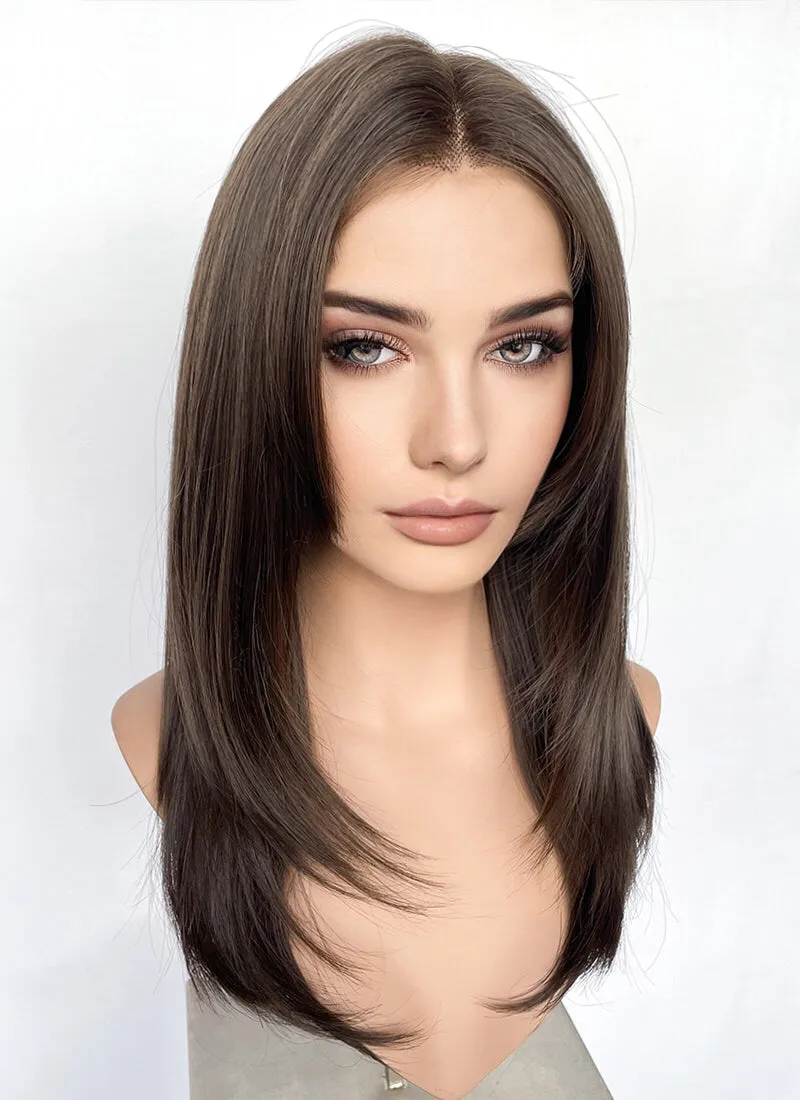 Brunette Curtain Bangs Straight Layered Hush Cut Lace Front Synthetic Hair Wig LF3324