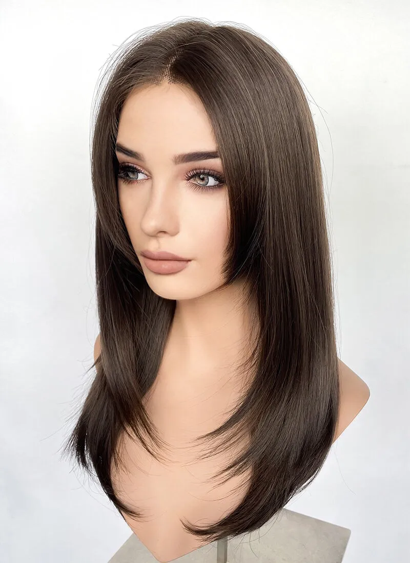 Brunette Curtain Bangs Straight Layered Hush Cut Lace Front Synthetic Hair Wig LF3324