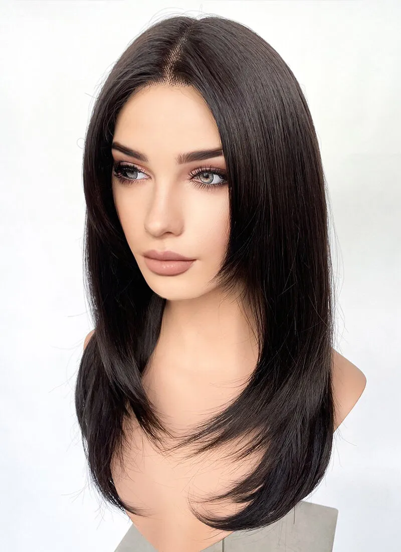 Brunette Curtain Bangs Straight Layered Hush Cut Lace Front Synthetic Hair Wig LF3325