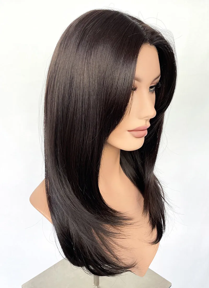 Brunette Curtain Bangs Straight Layered Hush Cut Lace Front Synthetic Hair Wig LF3325