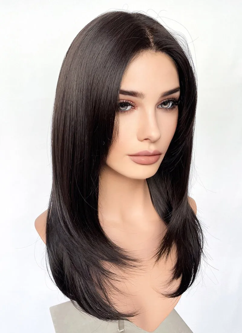 Brunette Curtain Bangs Straight Layered Hush Cut Lace Front Synthetic Hair Wig LF3325