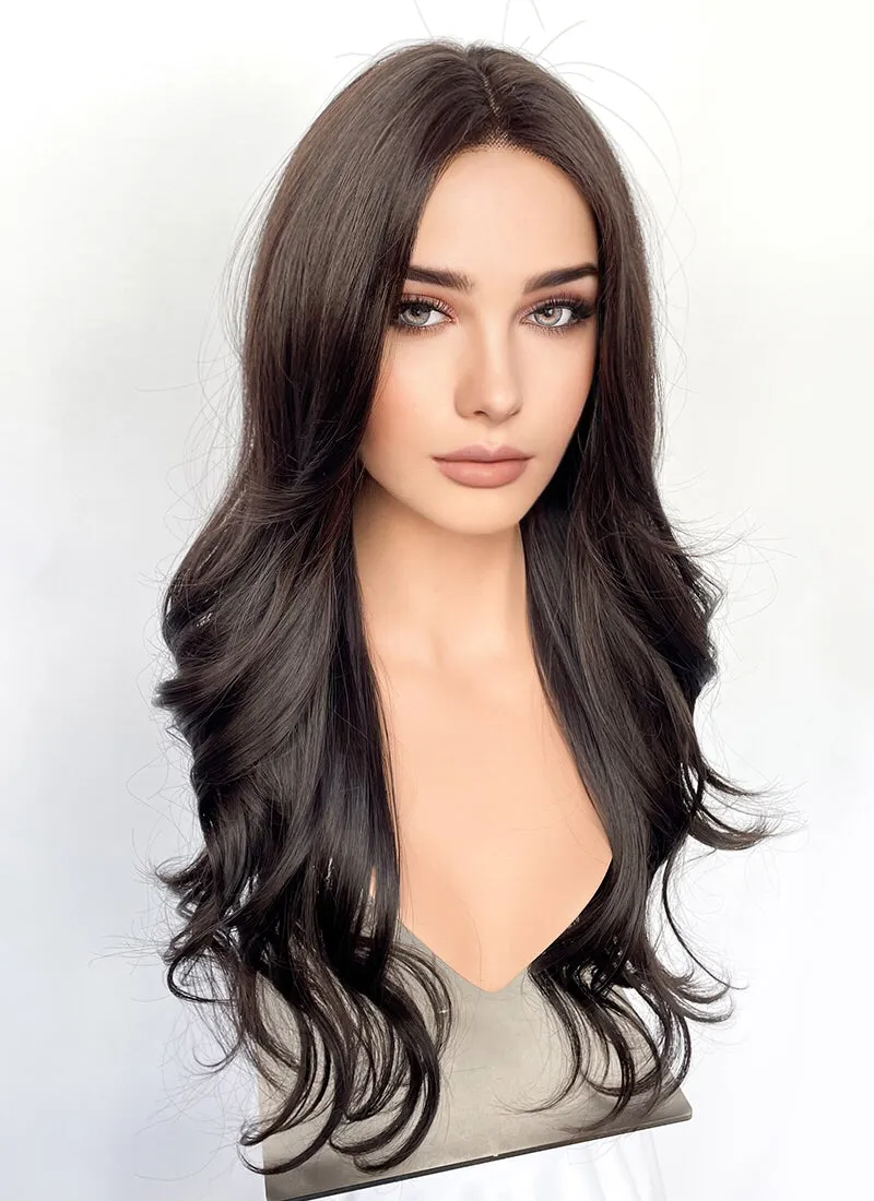 Brunette Curtain Bangs Wavy Lace Front Synthetic Hair Wig LF3337