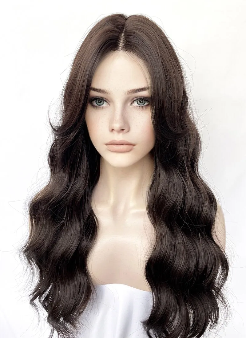 Brunette Curtain Bangs Wavy Lace Front Synthetic Hair Wig LF3338