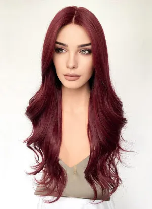 Burgundy Red Curtain Bangs Wavy Lace Front Synthetic Hair Wig LF3340