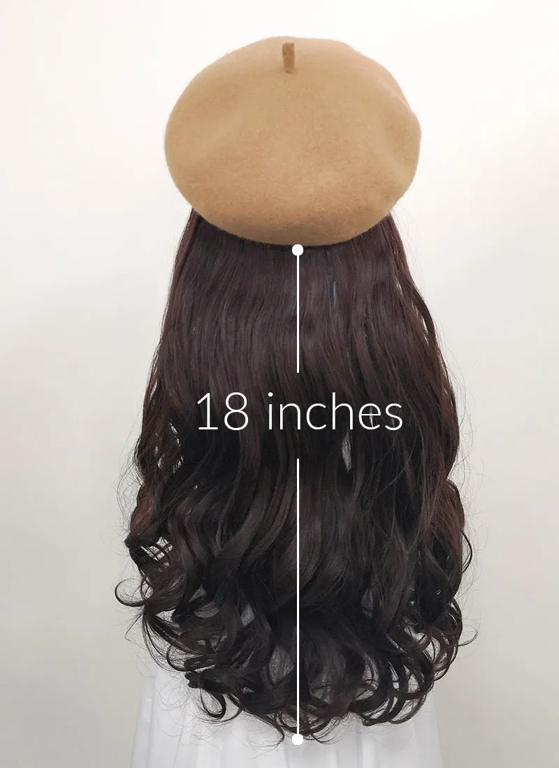 Camel Beret With Wavy Brunette Hair Attached CW003