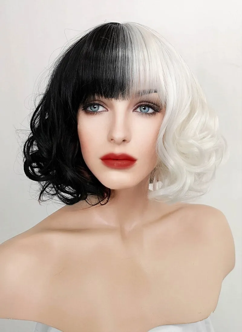 Cruella Black White Split Gemini Color Wavy Bob Synthetic Wig NS200