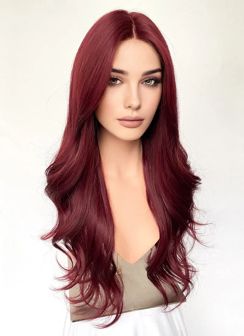 Dark Red Curtain Bangs Wavy Lace Front Synthetic Hair Wig LF3340