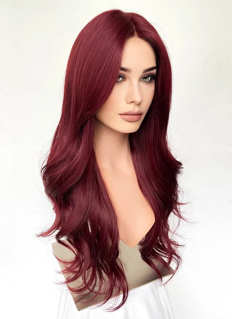 Dark Red Curtain Bangs Wavy Lace Front Synthetic Hair Wig LF3340