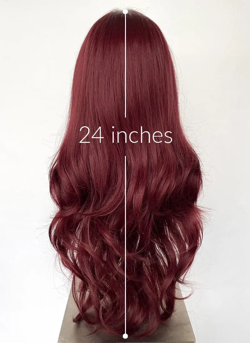 Dark Red Curtain Bangs Wavy Lace Front Synthetic Hair Wig LF3340