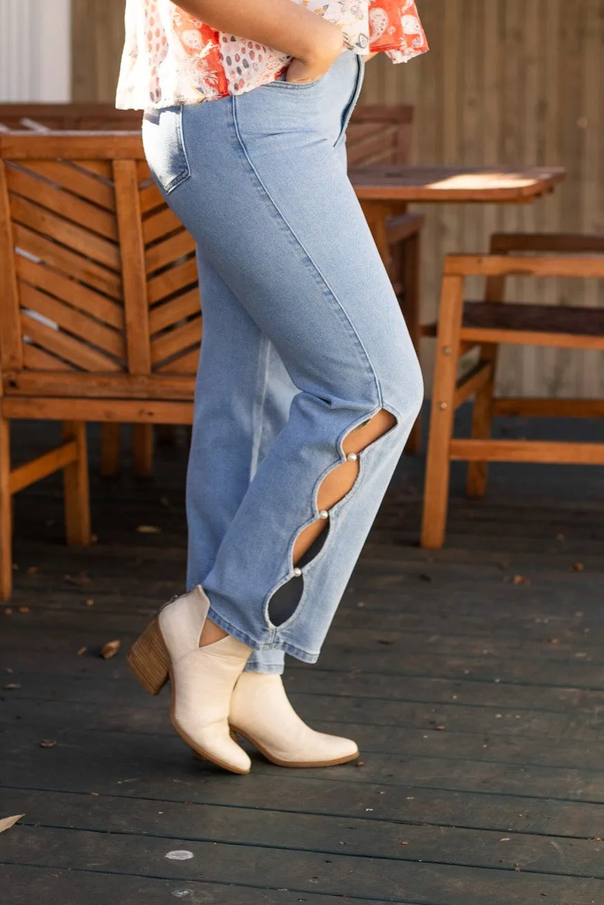 Eli Straight Leg Jean with Cutouts, Light Wash